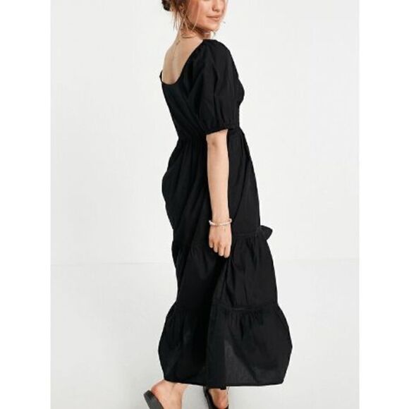 ASOS DESIGN shirred waist broderie insert maxi dress in Black US 6 - Picture 1 of 7